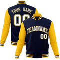 Personalized Navy & Gold & White Color Block Cotton-Blend Full-Snap Varsity Jacket - front view