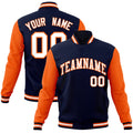 Custom Navy & White & Orange Color Block Cotton-Blend Full-Snap Varsity Jacket - front view