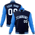 Custom Navy & White & Powder Blue Color Block Cotton-Blend Full-Snap Varsity Jacket - front view