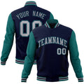 Personalized Navy & Teal & Gray Color Block Cotton-Blend Full-Snap Varsity Jacket - front view
