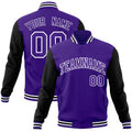 Custom Purple & Black & White Color Block Cotton-Blend Full-Snap Varsity Jacket - front view