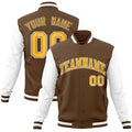 Custom Light Brown & Gold & White Color Block Cotton-Blend Full-Snap Varsity Jacket - front view