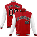 Custom Red & Black & White Color Block Cotton-Blend Full-Snap Varsity Jacket - front view