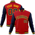 Custom Red & Navy & Gold Color Block Cotton-Blend Full-Snap Varsity Jacket - front view