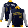 Custom Navy & Gray & Gold Color Block Cotton-Blend Full-Snap Varsity Jacket - front view