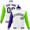 Custom White & Purple & Neon Green Color Block Cotton-Blend Full-Snap Varsity Jacket - front view