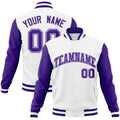 Custom White & Purple Color Block Cotton-Blend Full-Snap Varsity Jacket - front view