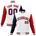 Custom White & Red & Navy Color Block Cotton-Blend Full-Snap Varsity Jacket - front view