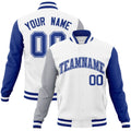 Custom White & Royal Blue Color Block Cotton-Blend Full-Snap Varsity Jacket - front view