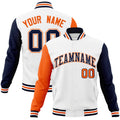 Personalized White & Navy & Orange Color Block Cotton-Blend Full-Snap Varsity Jacket - front view