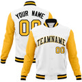 Custom White & Gold & Black Color Block Cotton-Blend Full-Snap Varsity Jacket - front view
