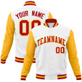 Custom White & Red & Gold Color Block Cotton-Blend Full-Snap Varsity Jacket - front view