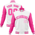 Personalized White & Pink Color Block Cotton-Blend Full-Snap Varsity Jacket - front view