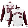 Custom White & Crimson Color Block Cotton-Blend Full-Snap Varsity Jacket - front view