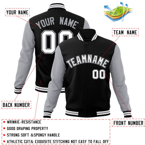 Custom Black Grey-White Letterman Jacket Contrast Sleeves Varsity Full-Snap