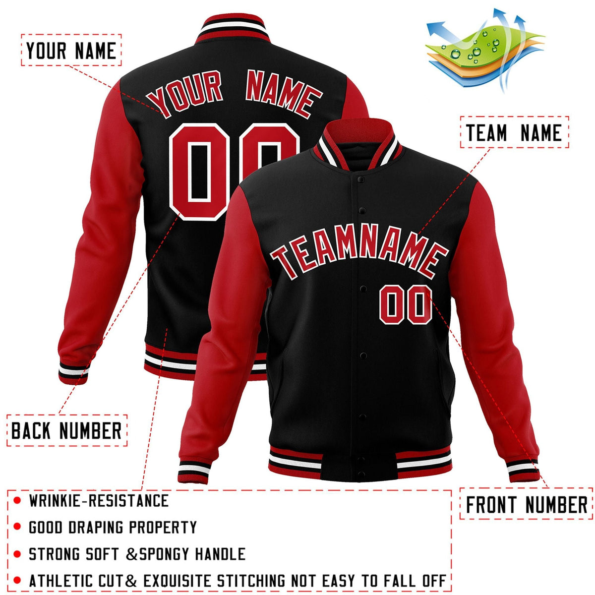 Custom Black Red-White Letterman Jacket Contrast Sleeves Varsity Full-Snap