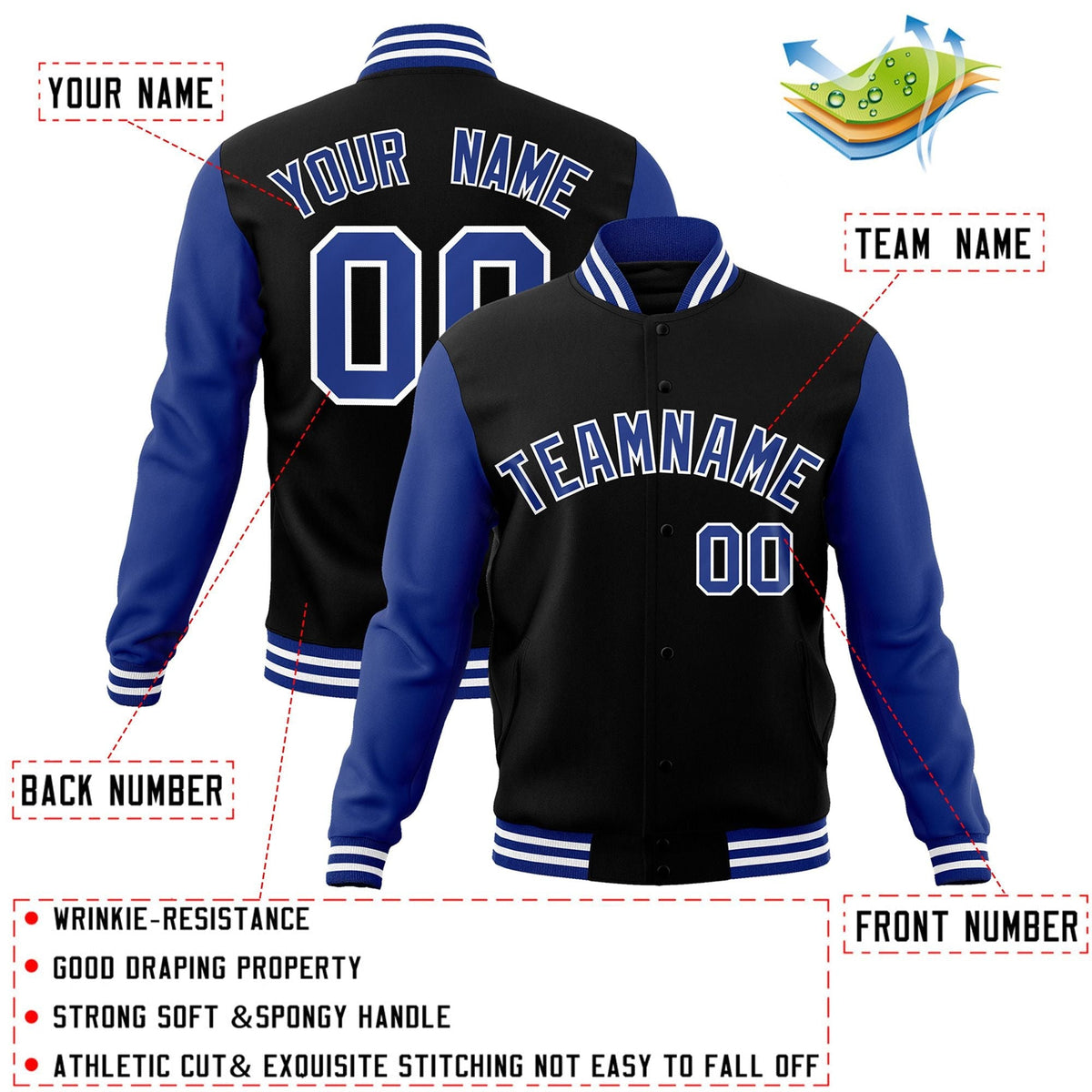 Custom Black Royal-White Letterman Jacket Contrast Sleeves Varsity Full-Snap