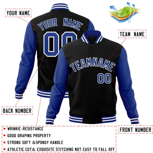Custom Black Royal-White Letterman Jacket Contrast Sleeves Varsity Full-Snap