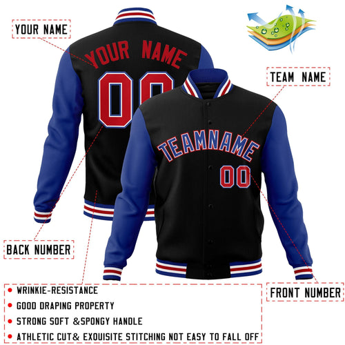 Custom Black Royal-White Letterman Jacket Contrast Sleeves Varsity Full-Snap