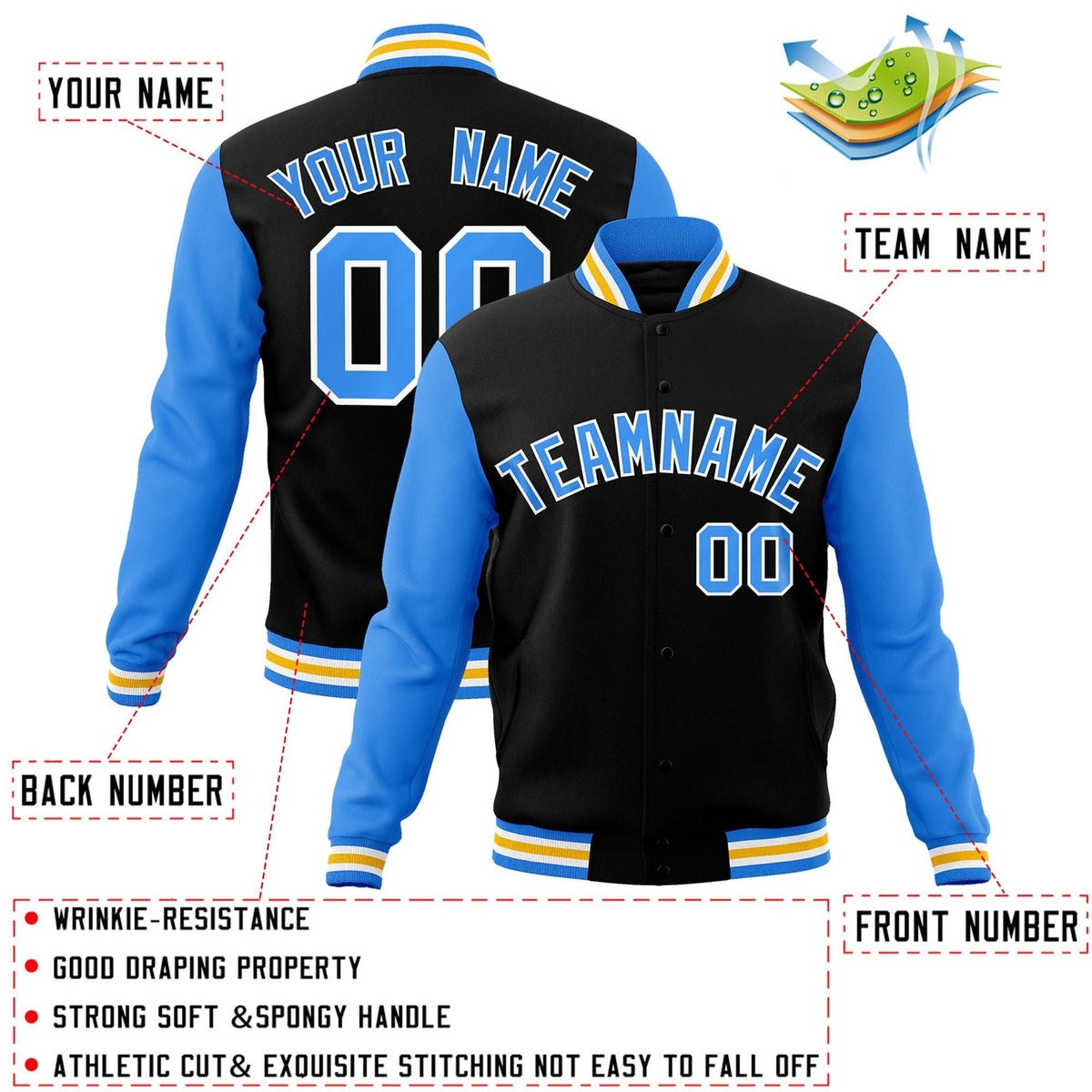 Custom Black Powder Blue-White Letterman Jacket Contrast Sleeves Varsity Full-Snap