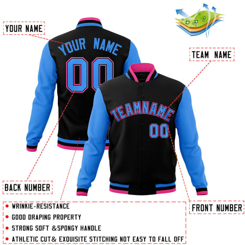 Custom Black Powder Blue-Black Letterman Jacket Contrast Sleeves Varsity Full-Snap