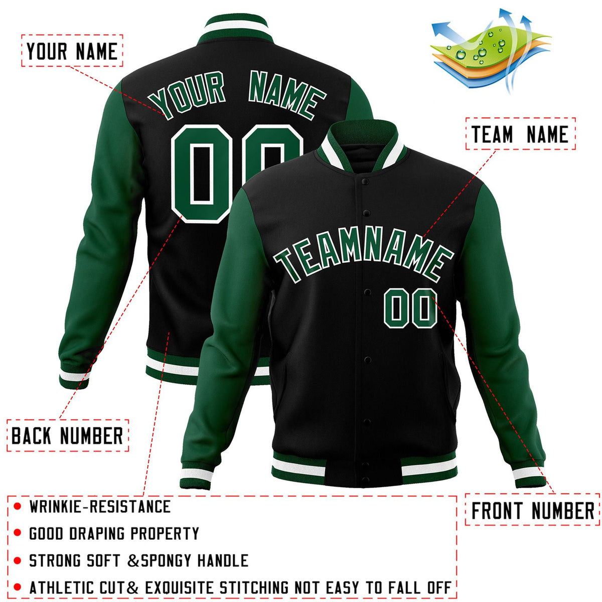 Custom Black Green-White Letterman Jacket Contrast Sleeves Varsity Full-Snap