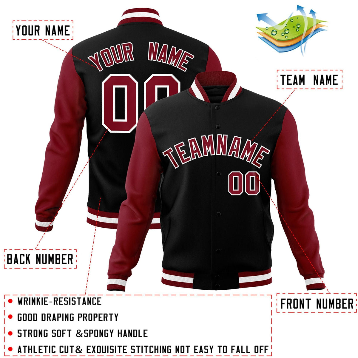Custom Black Crimson-White Letterman Jacket Contrast Sleeves Varsity Full-Snap