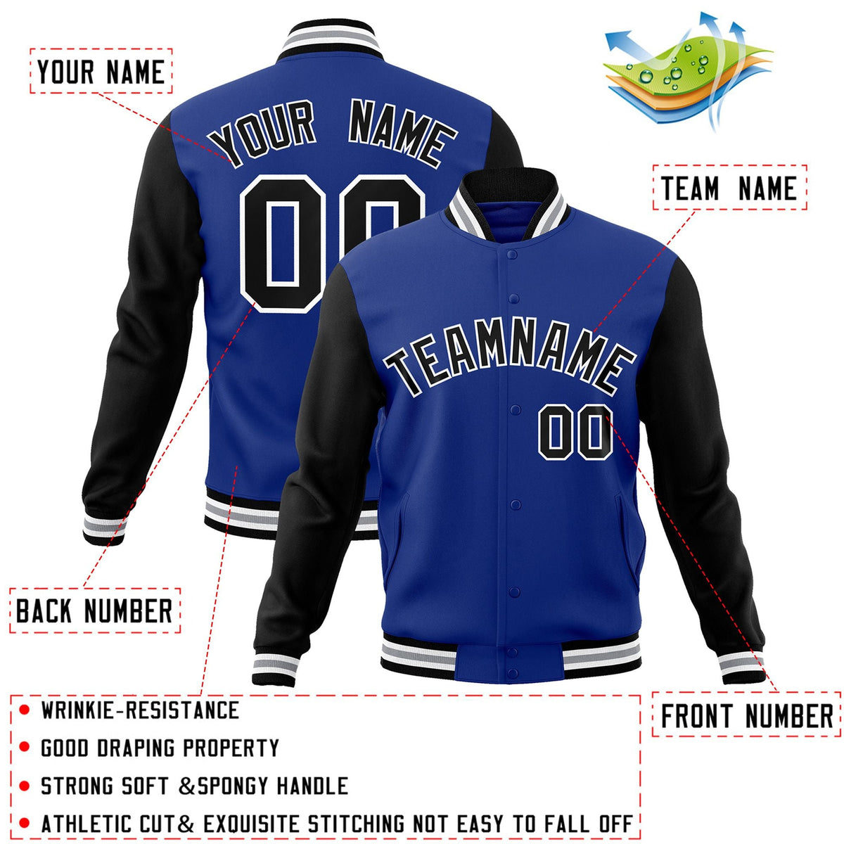 Custom Royal Black-White Letterman Jacket Contrast Sleeves Varsity Full-Snap