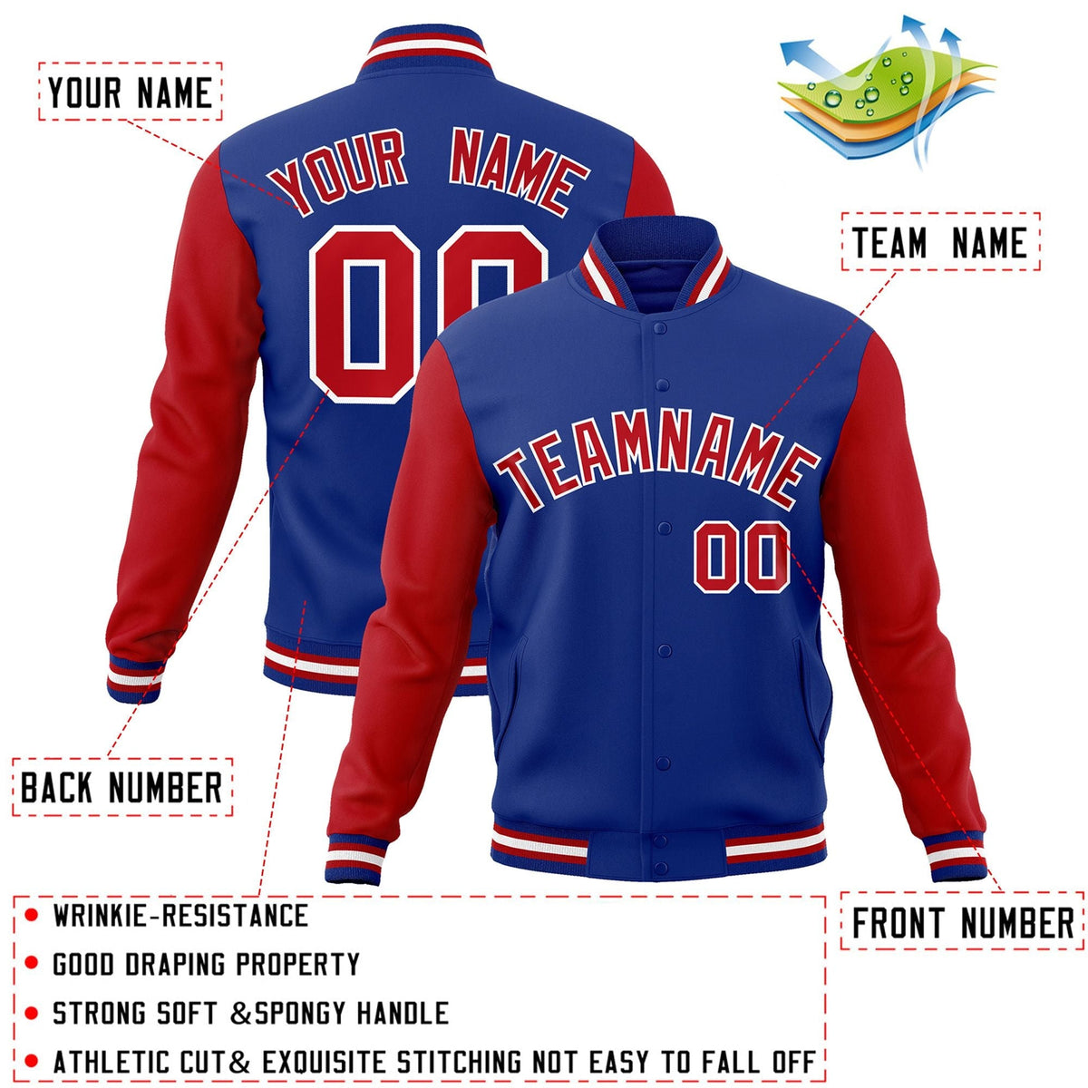 Custom Royal Red-White Letterman Jacket Contrast Sleeves Varsity Full-Snap