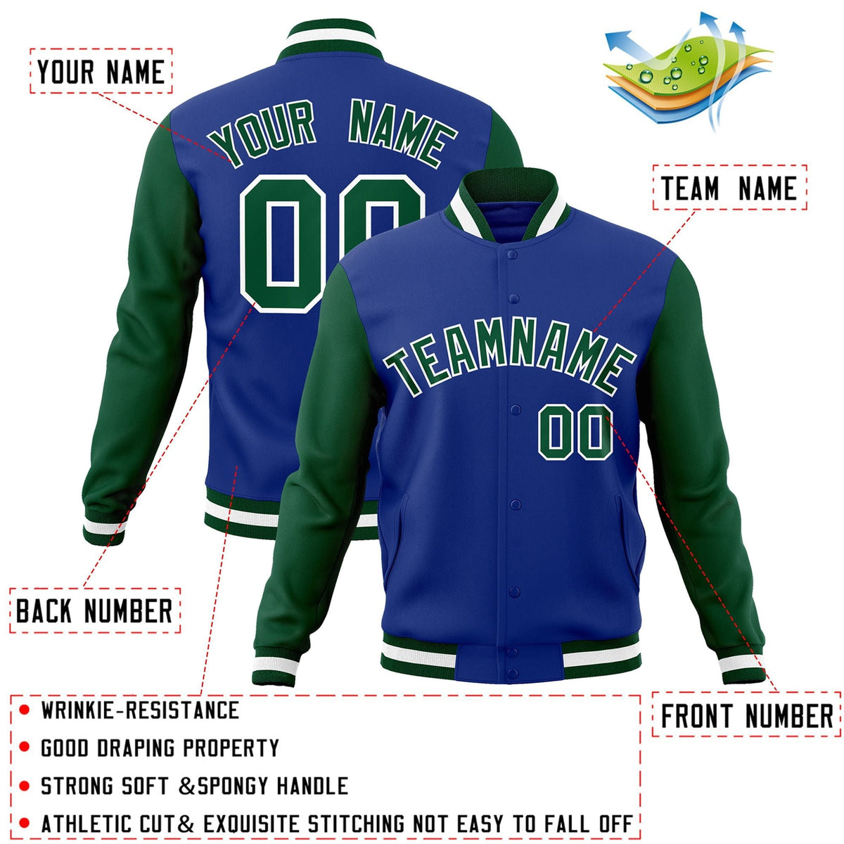 Custom Royal Green-White Letterman Jacket Contrast Sleeves Varsity Full-Snap
