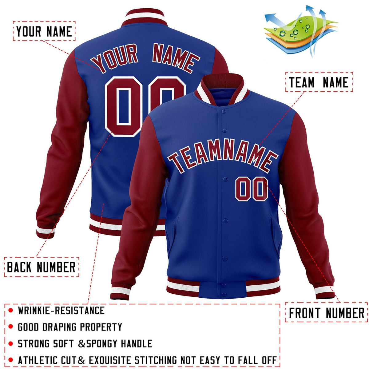 Custom Royal Crimson-White Letterman Jacket Contrast Sleeves Varsity Full-Snap