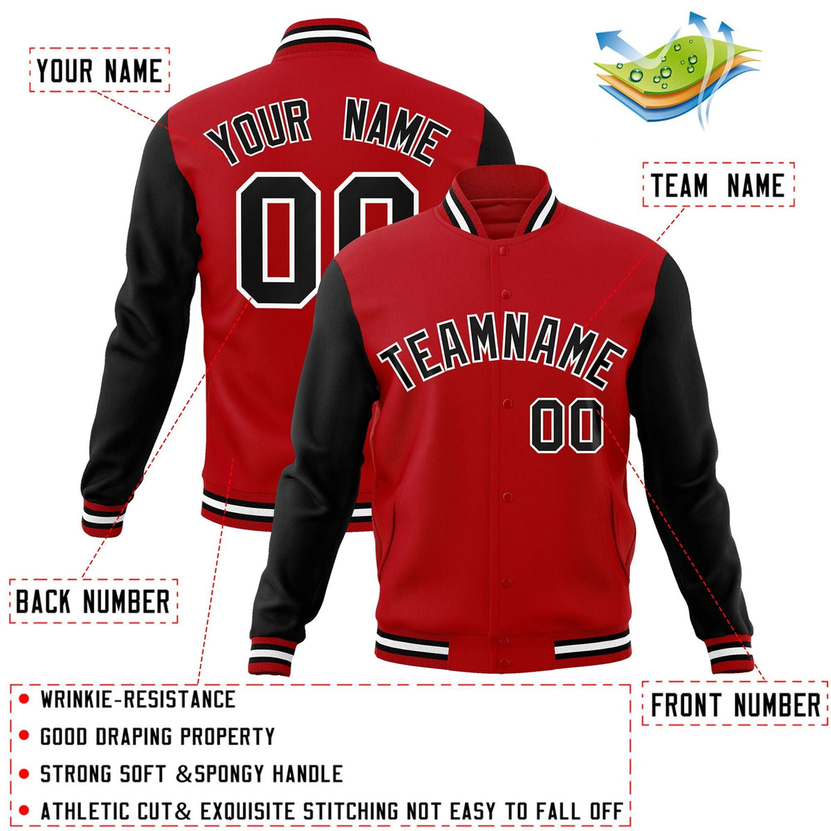 Custom Red Black-White Letterman Jacket Contrast Sleeves Varsity Full-Snap