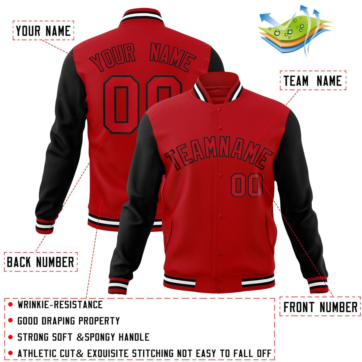 Custom Red Red-Black Letterman Jacket Contrast Sleeves Varsity Full-Snap
