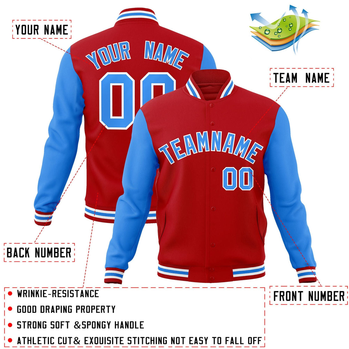 Custom Red Powder Blue-White Letterman Jacket Contrast Sleeves Varsity Full-Snap