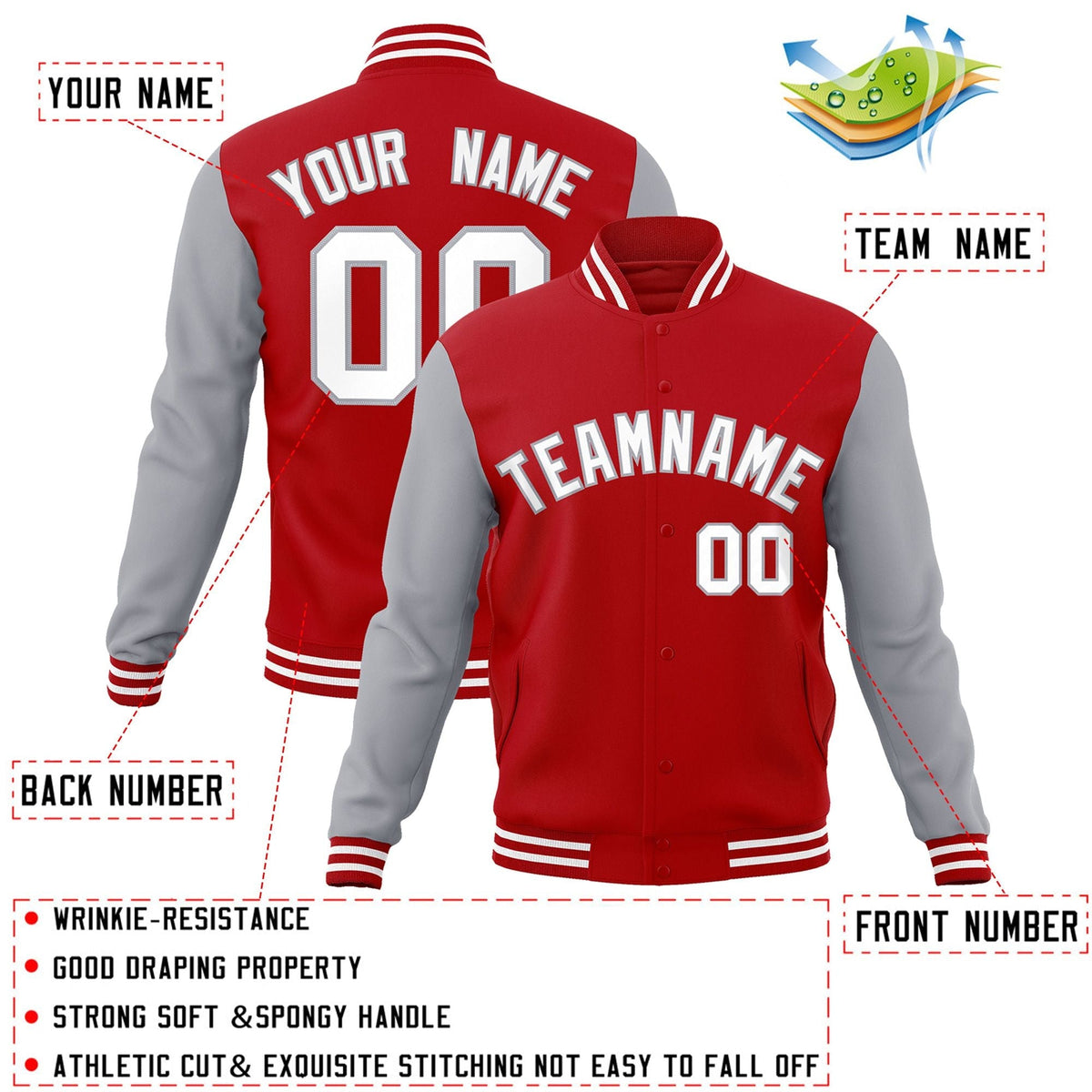 Custom Red White-Gray Letterman Jacket Contrast Sleeves Varsity Full-Snap