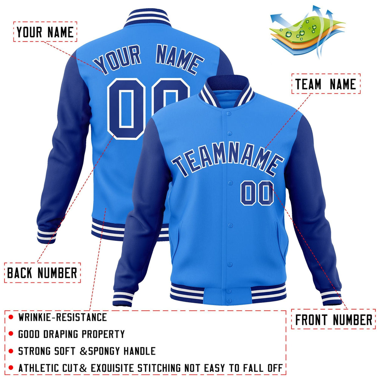 Custom Powder Blue Royal-White Letterman Jacket Contrast Sleeves Varsity Full-Snap