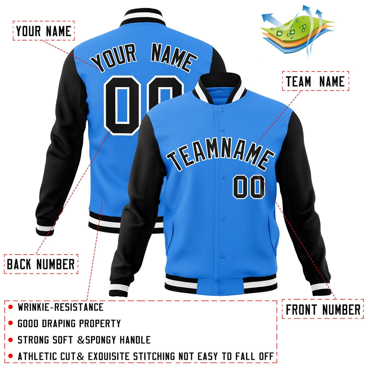 Custom Powder Blue Black-White Letterman Jacket Contrast Sleeves Varsity Full-Snap