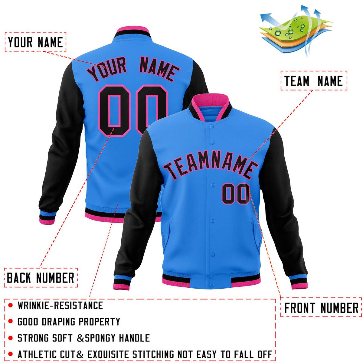 Custom Powder Blue Black-Pink Letterman Jacket Contrast Sleeves Varsity Full-Snap