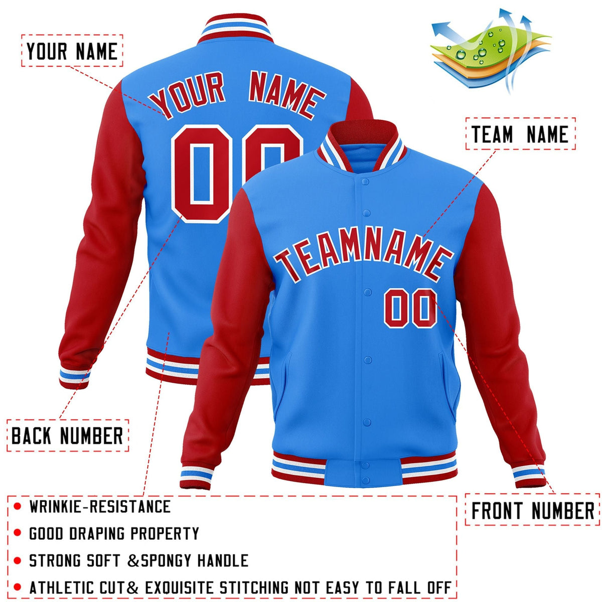 Custom Powder Blue Red-White Letterman Jacket Contrast Sleeves Varsity Full-Snap