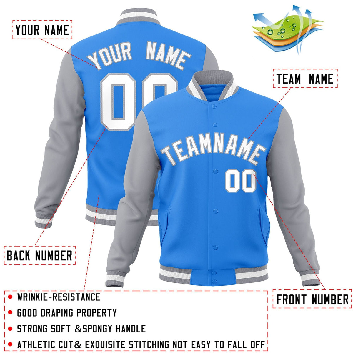 Custom Powder Blue White-Gray Letterman Jacket Contrast Sleeves Varsity Full-Snap