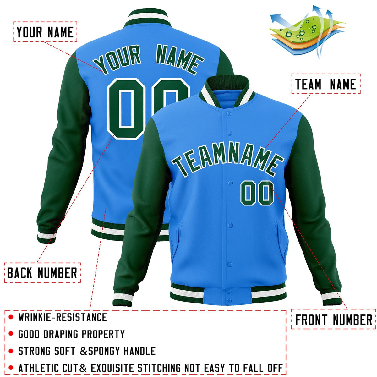 Custom Powder Blue Green-White Letterman Jacket Contrast Sleeves Varsity Full-Snap