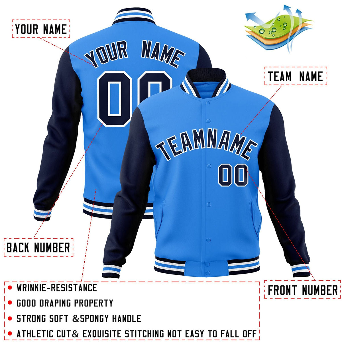Custom Powder Blue Navy-White Letterman Jacket Contrast Sleeves Varsity Full-Snap