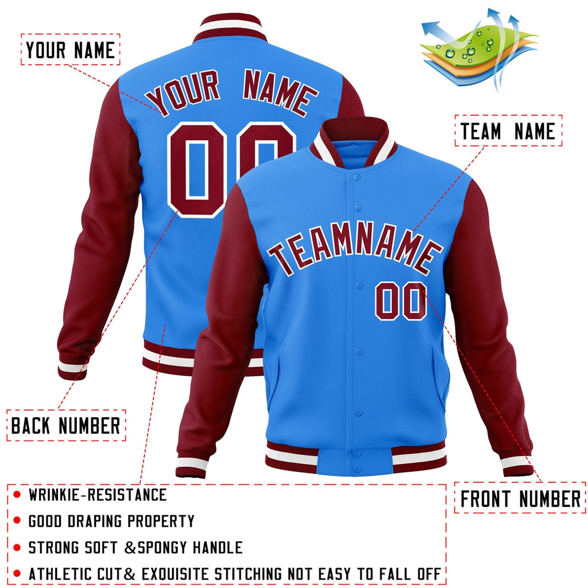 Custom Powder Blue Crimson-White Letterman Jacket Contrast Sleeves Varsity Full-Snap