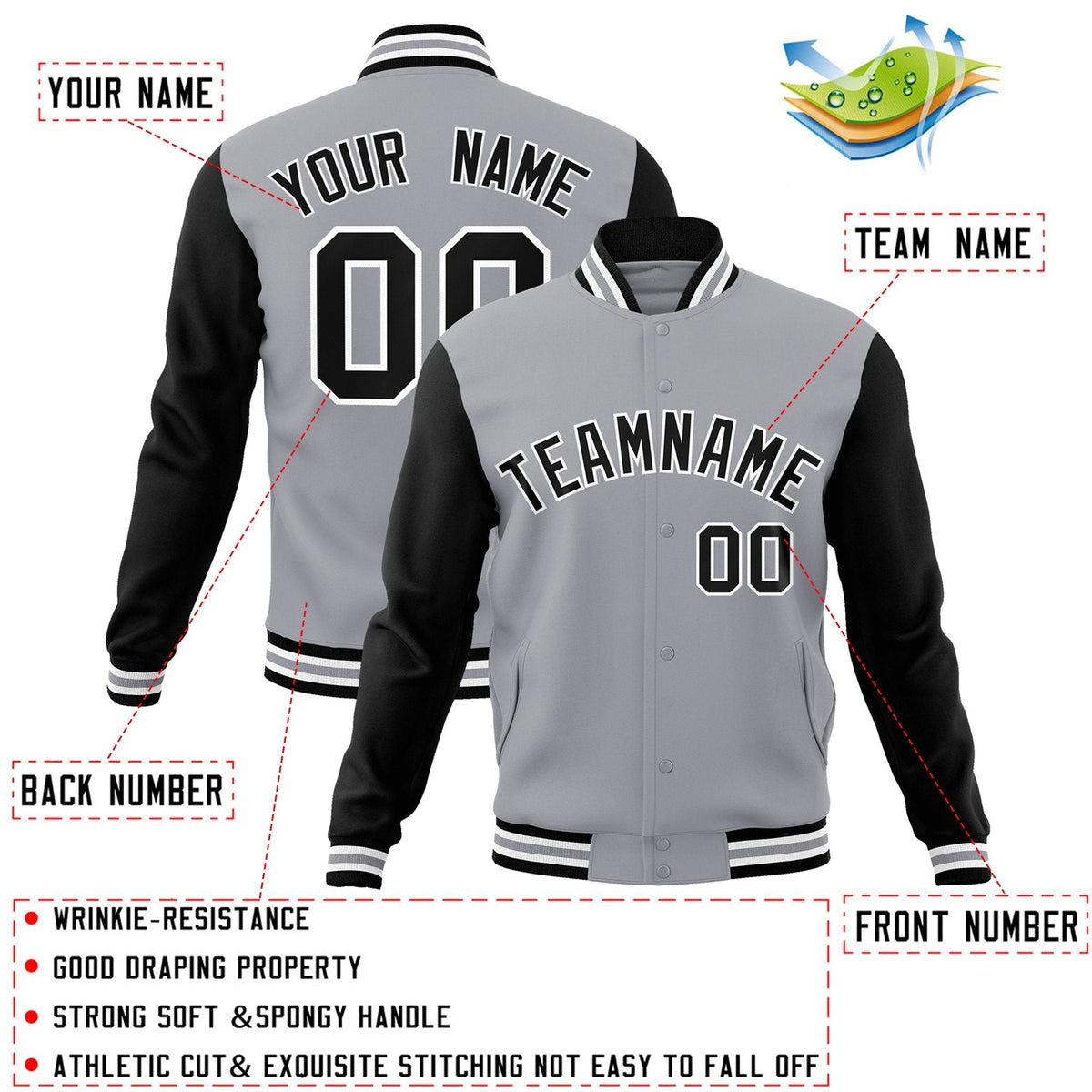 Custom Gray Black-White Letterman Jacket Contrast Sleeves Varsity Full-Snap