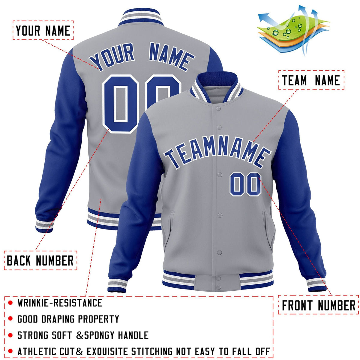 Custom Gray Royal-White Letterman Jacket Contrast Sleeves Varsity Full-Snap