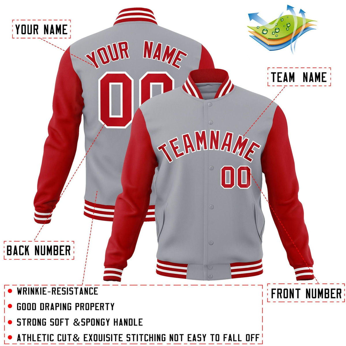 Custom Gray Red-White Letterman Jacket Contrast Sleeves Varsity Full-Snap