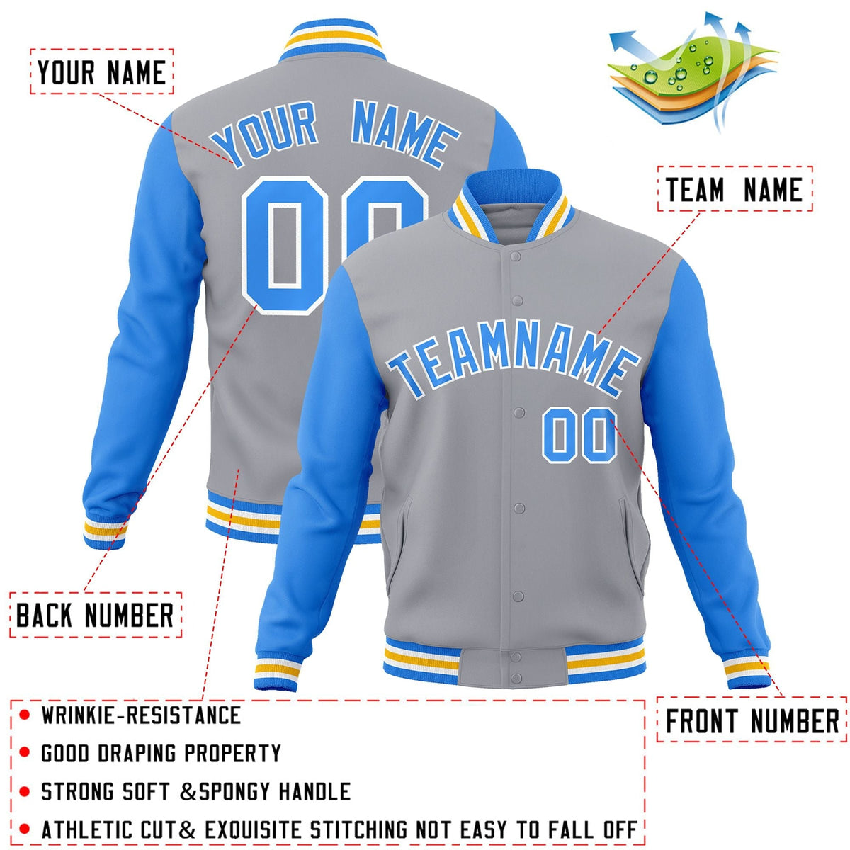 Custom Gray Powder Blue-White Letterman Jacket Contrast Sleeves Varsity Full-Snap