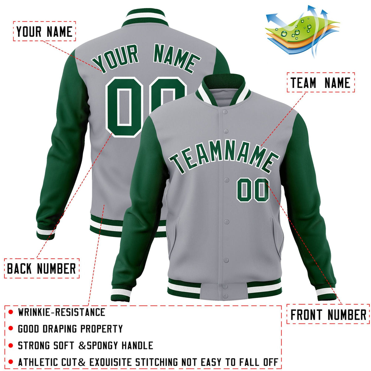Custom Gray Green-White Letterman Jacket Contrast Sleeves Varsity Full-Snap