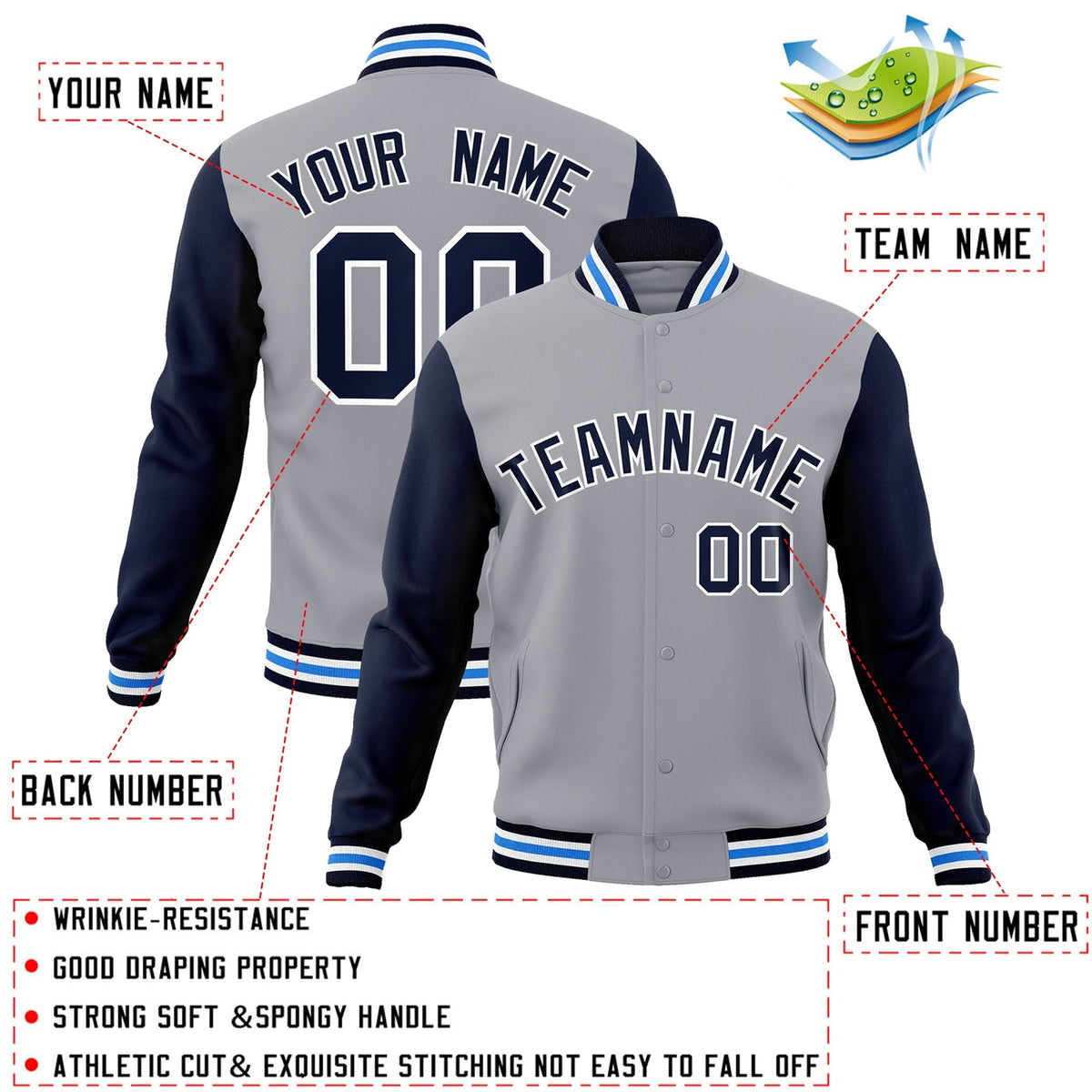 Custom Gray Navy-White Letterman Jacket Contrast Sleeves Varsity Full-Snap