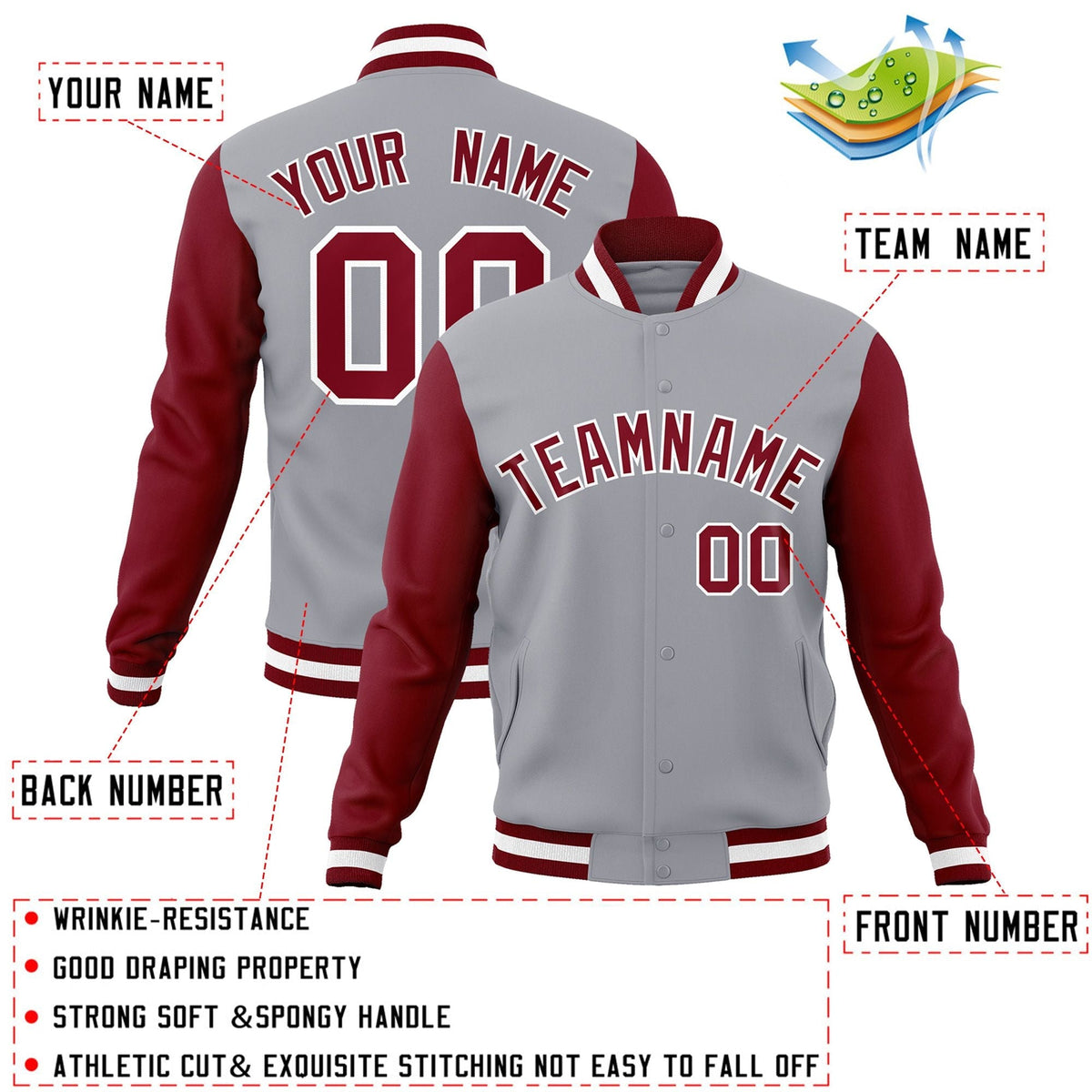 Custom Gray Crimson-White Letterman Jacket Contrast Sleeves Varsity Full-Snap